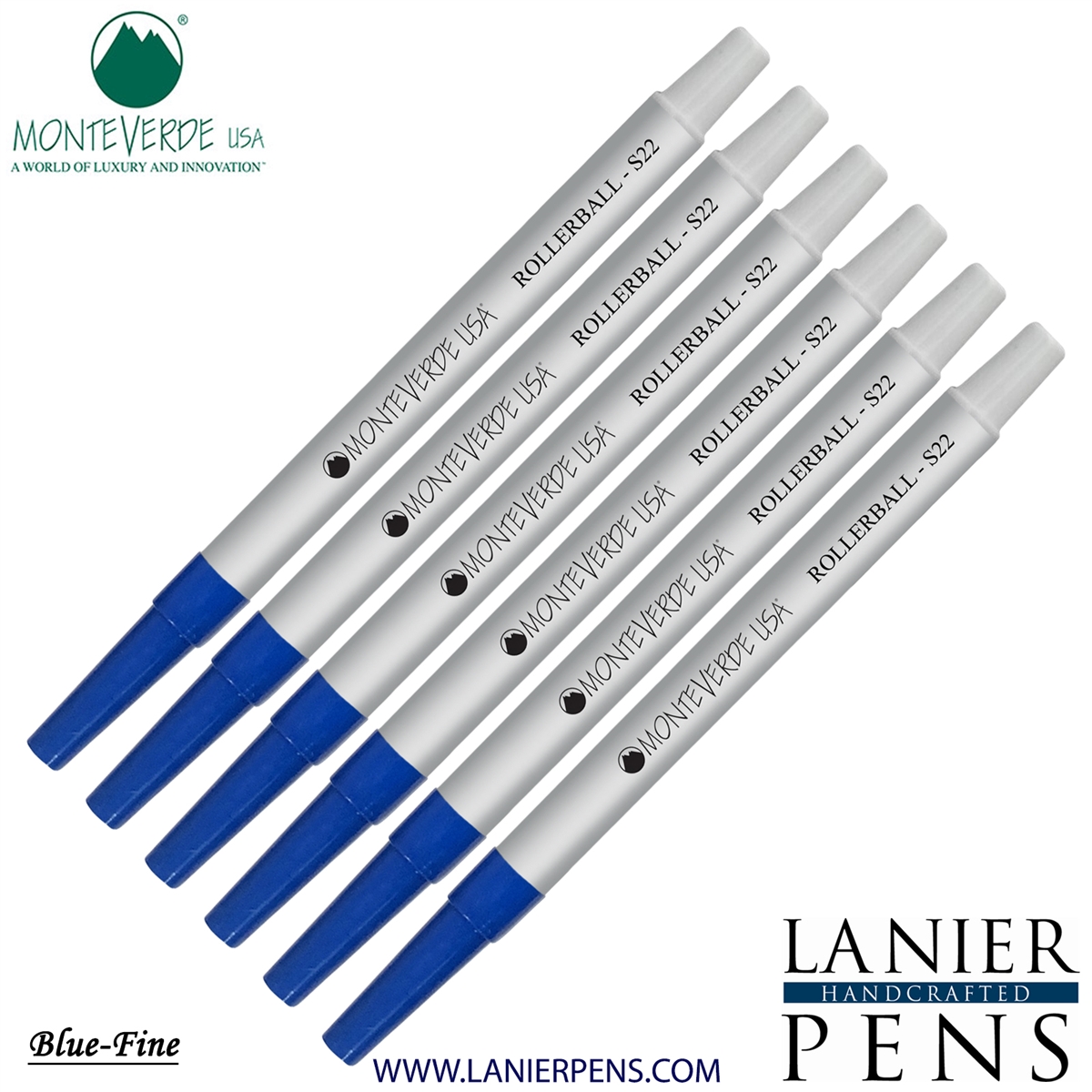 6 Pack - Monteverde Rollerball S22 Paste Ink Refill Compatible with most Sheaffer Style Rollerball Pens - Blue (Fine Tip 0.6mm) - Lanier Pens
