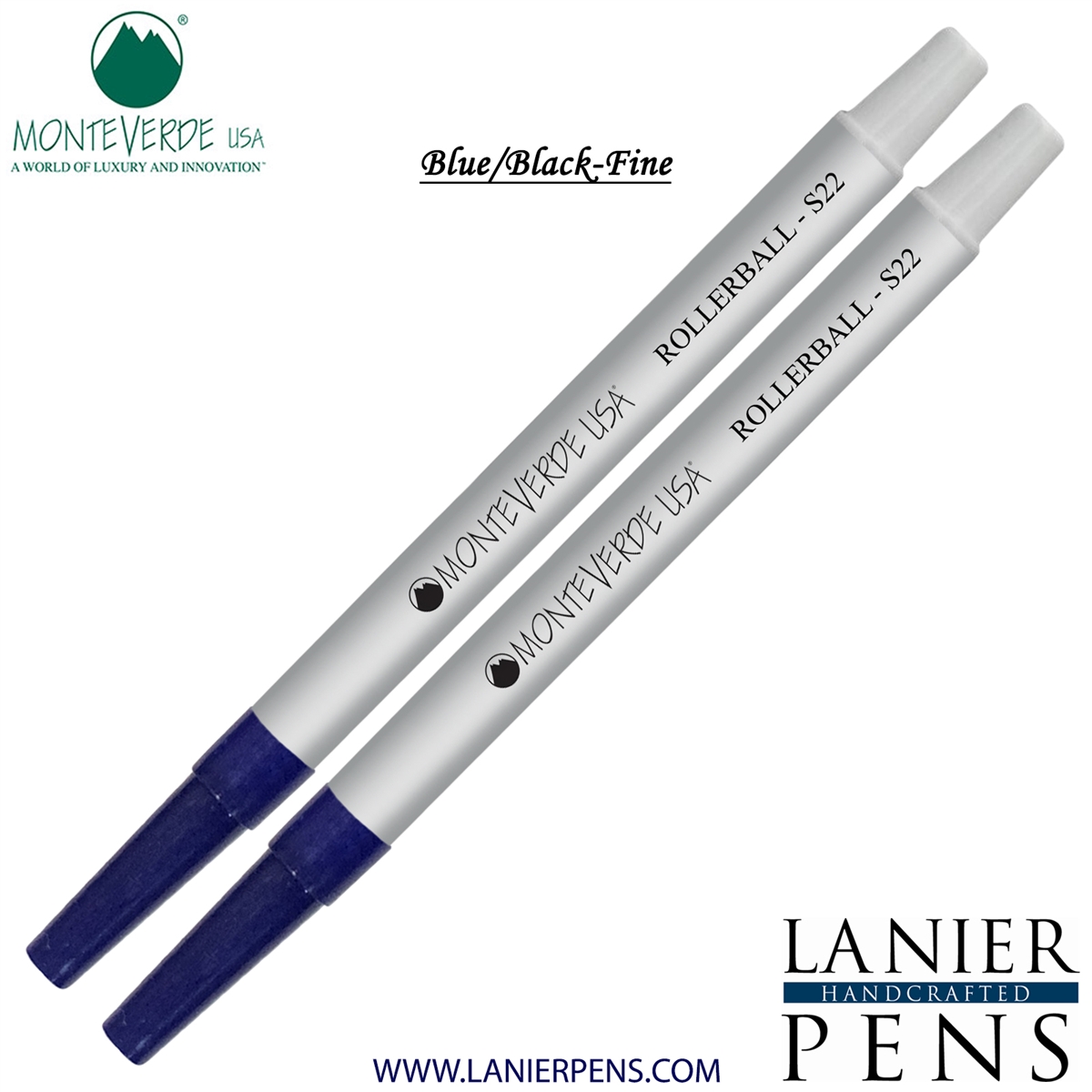2 Pack - Monteverde Rollerball S22 Paste Ink Refill Compatible with most Sheaffer Style Rollerball Pens - BlueBlack (Fine Tip 0.6mm) - Lanier Pens