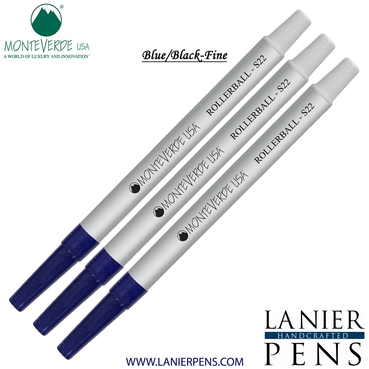 3 Pack - Monteverde Rollerball S22 Paste Ink Refill Compatible with most Sheaffer Style Rollerball Pens - BlueBlack (Fine Tip 0.6mm) - Lanier Pens