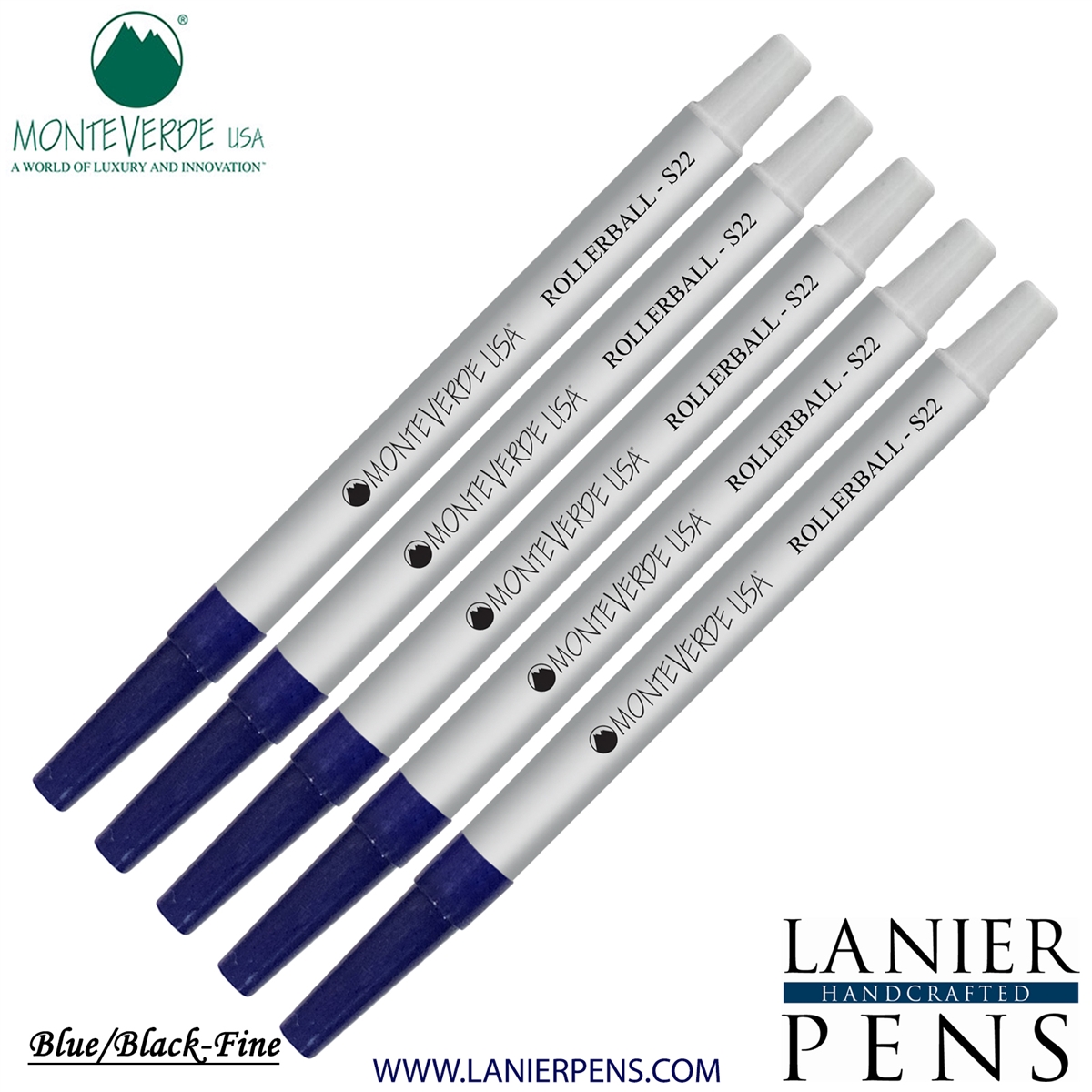5 Pack - Monteverde Rollerball S22 Paste Ink Refill Compatible with most Sheaffer Style Rollerball Pens - BlueBlack (Fine Tip 0.6mm) - Lanier Pens