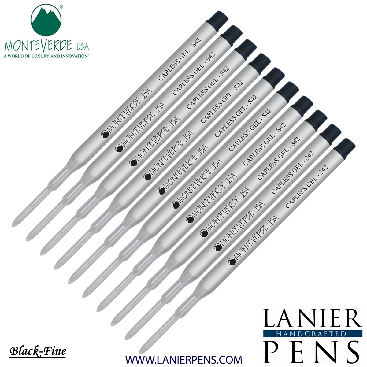 10 Pack - Monteverde Capless S42 Gel Ink Refill Compatible with most Sheaffer Style Ballpoint Pens - Black (Fine Tip 0.6mm) - Lanier Pens