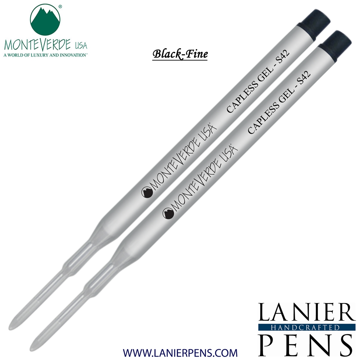 2 Pack - Monteverde Capless S42 Gel Ink Refill Compatible with most Sheaffer Style Ballpoint Pens - Black (Fine Tip 0.6mm) - Lanier Pens