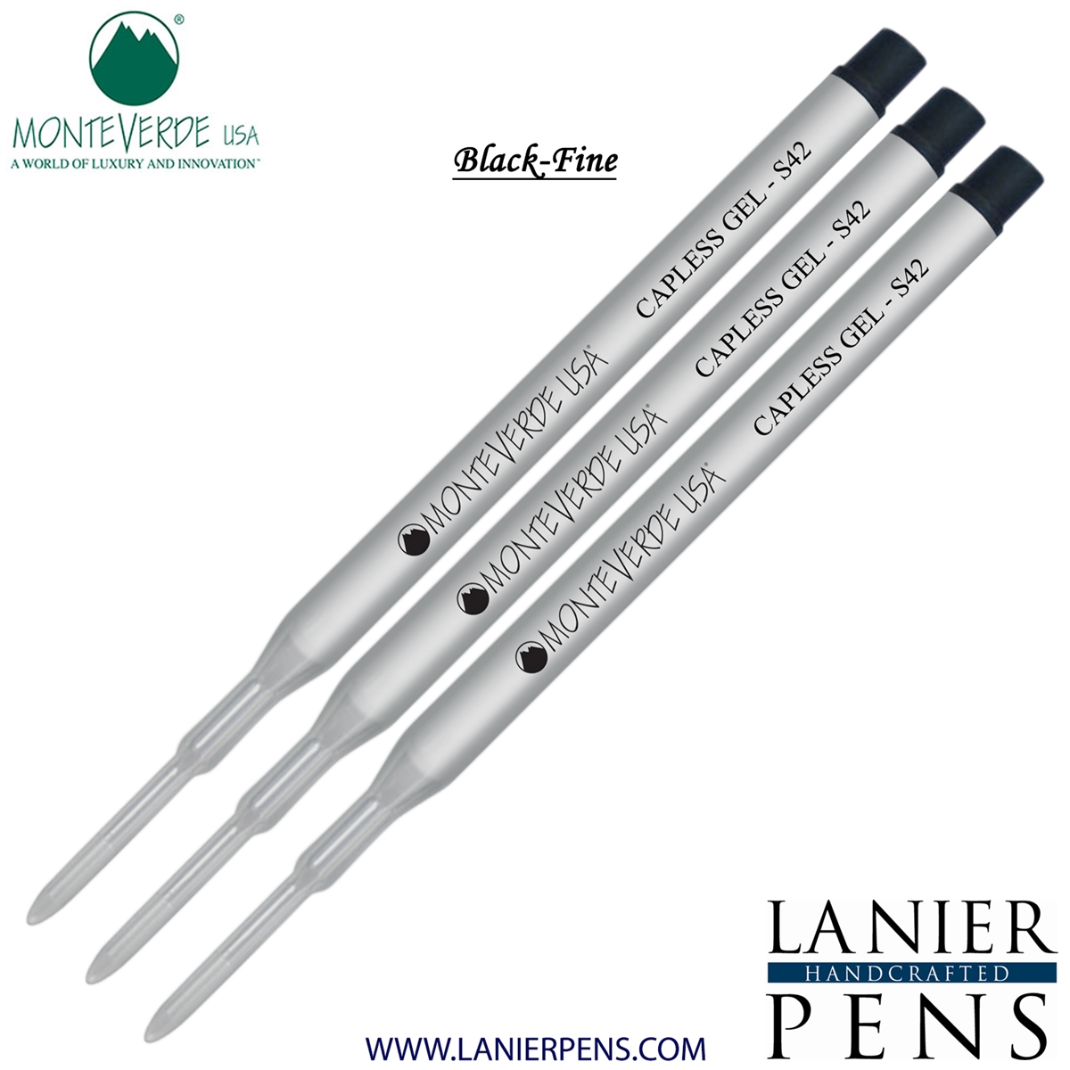 3 Pack - Monteverde Capless S42 Gel Ink Refill Compatible with most Sheaffer Style Ballpoint Pens - Black (Fine Tip 0.6mm) - Lanier Pens