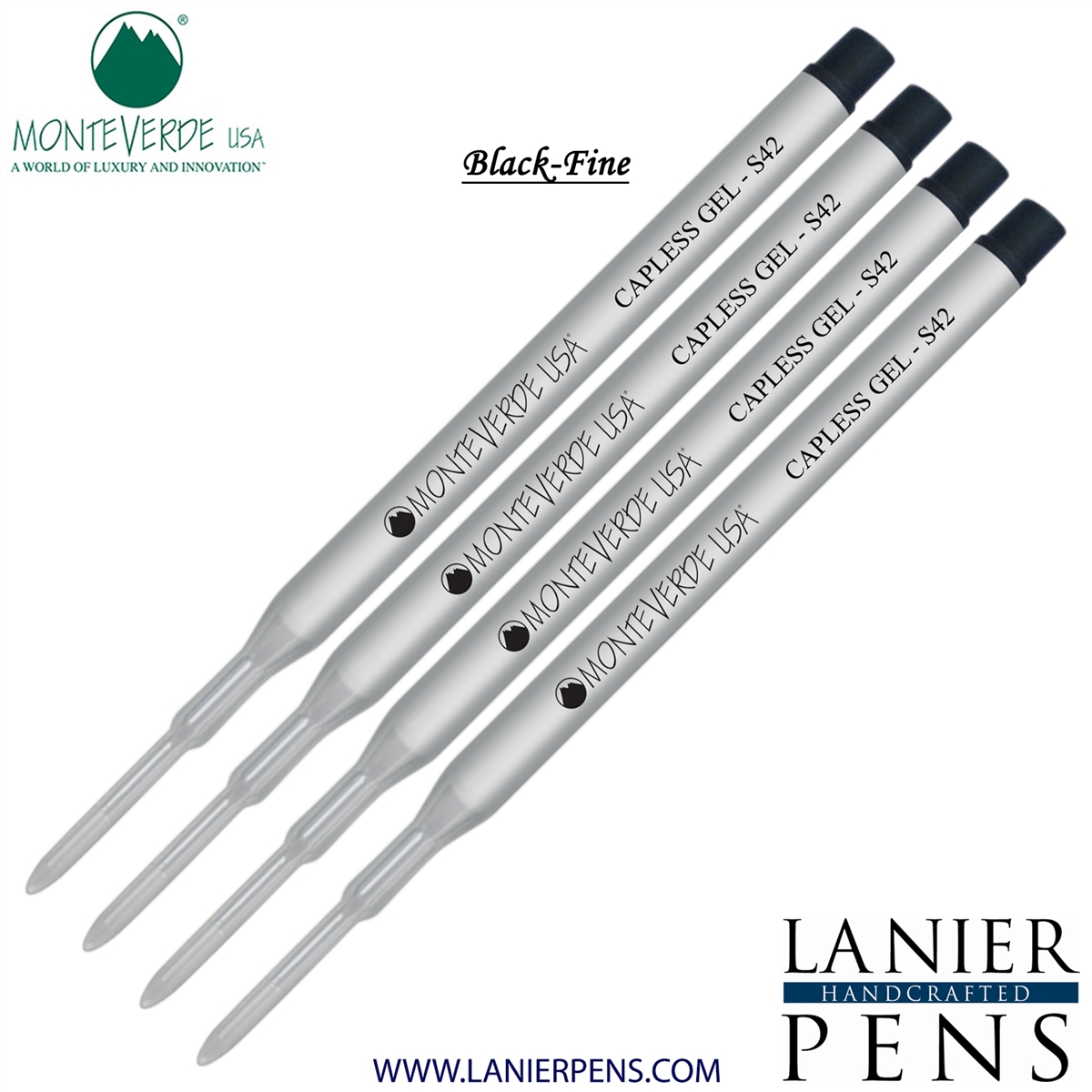 4 Pack - Monteverde Capless S42 Gel Ink Refill Compatible with most Sheaffer Style Ballpoint Pens - Black (Fine Tip 0.6mm) - Lanier Pens