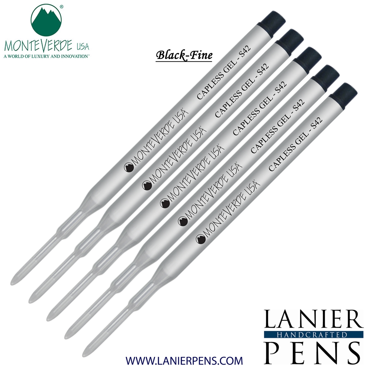 5 Pack - Monteverde Capless S42 Gel Ink Refill Compatible with most Sheaffer Style Ballpoint Pens - Black (Fine Tip 0.6mm) - Lanier Pens