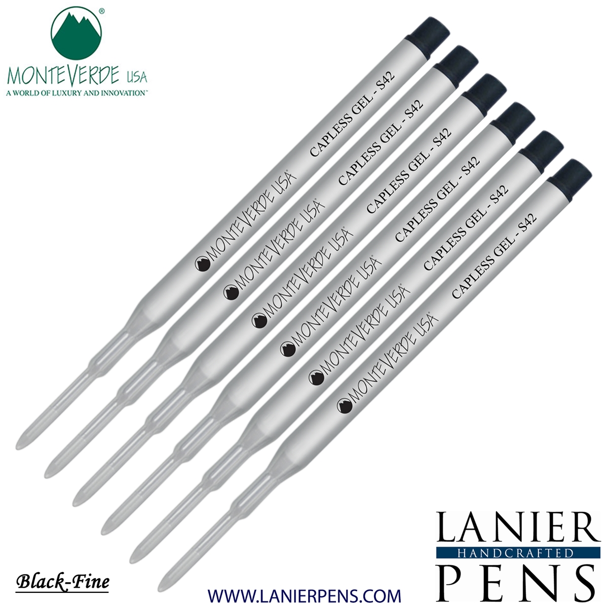 6 Pack - Monteverde Capless S42 Gel Ink Refill Compatible with most Sheaffer Style Ballpoint Pens - Black (Fine Tip 0.6mm) - Lanier Pens