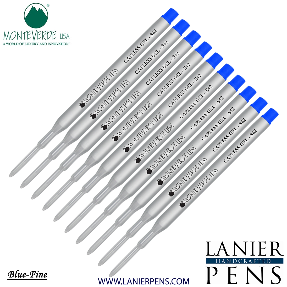 10 Pack - Monteverde Capless S42 Gel Ink Refill Compatible with most Sheaffer Style Ballpoint Pens - Blue (Fine Tip 0.6mm) - Lanier Pens