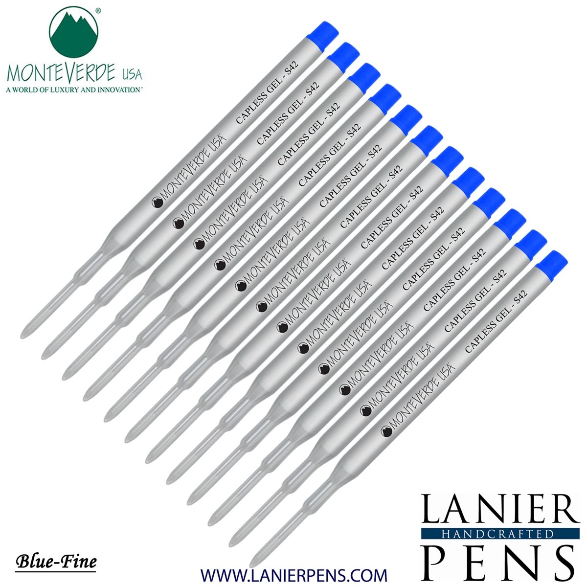 12 Pack - Monteverde Capless S42 Gel Ink Refill Compatible with most Sheaffer Style Ballpoint Pens - Blue (Fine Tip 0.6mm) - Lanier Pens