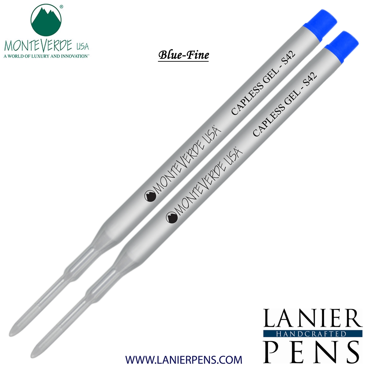 2 Pack - Monteverde Capless S42 Gel Ink Refill Compatible with most Sheaffer Style Ballpoint Pens - Blue (Fine Tip 0.6mm) - Lanier Pens