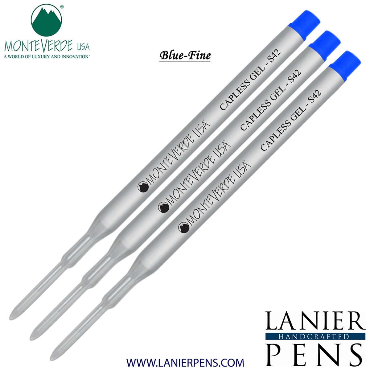 3 Pack - Monteverde Capless S42 Gel Ink Refill Compatible with most Sheaffer Style Ballpoint Pens - Blue (Fine Tip 0.6mm) - Lanier Pens