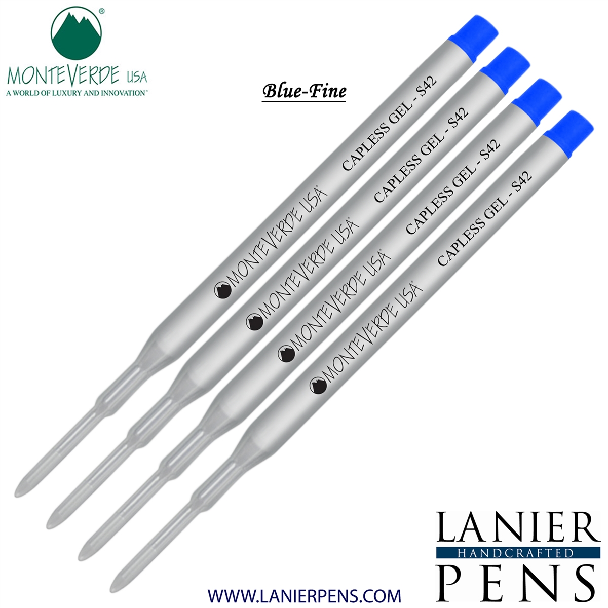 4 Pack - Monteverde Capless S42 Gel Ink Refill Compatible with most Sheaffer Style Ballpoint Pens - Blue (Fine Tip 0.6mm) - Lanier Pens