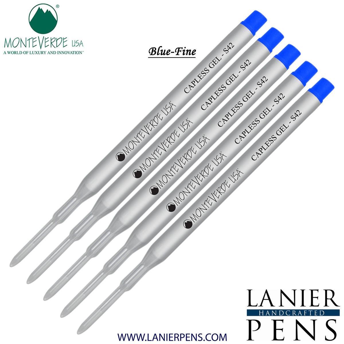 5 Pack - Monteverde Capless S42 Gel Ink Refill Compatible with most Sheaffer Style Ballpoint Pens - Blue (Fine Tip 0.6mm) - Lanier Pens