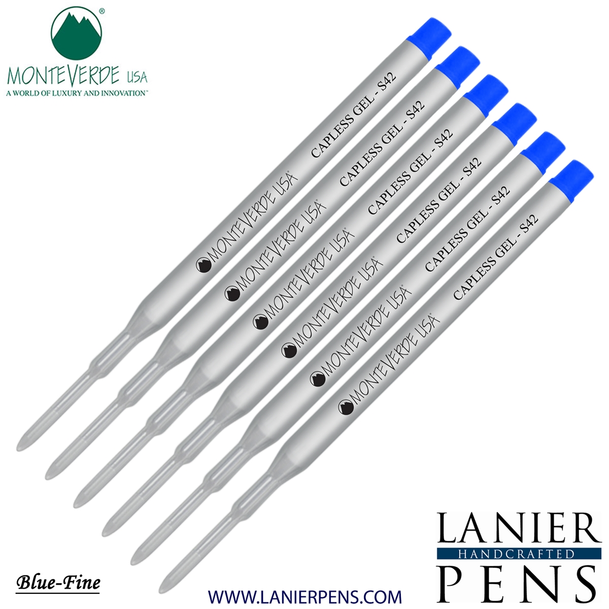 6 Pack - Monteverde Capless S42 Gel Ink Refill Compatible with most Sheaffer Style Ballpoint Pens - Blue (Fine Tip 0.6mm) - Lanier Pens