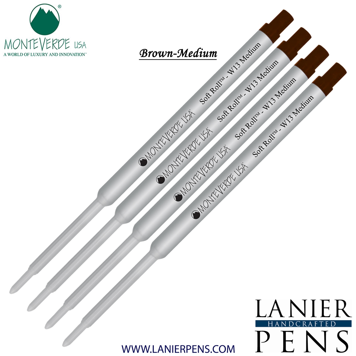 4 Pack - Monteverde Soft Roll Ballpoint W13 Paste Ink Refill Compatible with most Waterman Style Ballpoint Pens - Brown (Medium Tip 0.7mm) - Lanier Pens