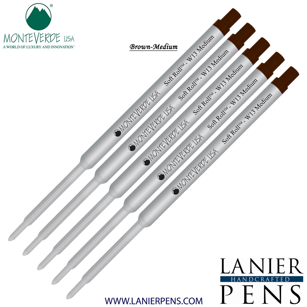 5 Pack - Monteverde Soft Roll Ballpoint W13 Paste Ink Refill Compatible with most Waterman Style Ballpoint Pens - Brown (Medium Tip 0.7mm) - Lanier Pens