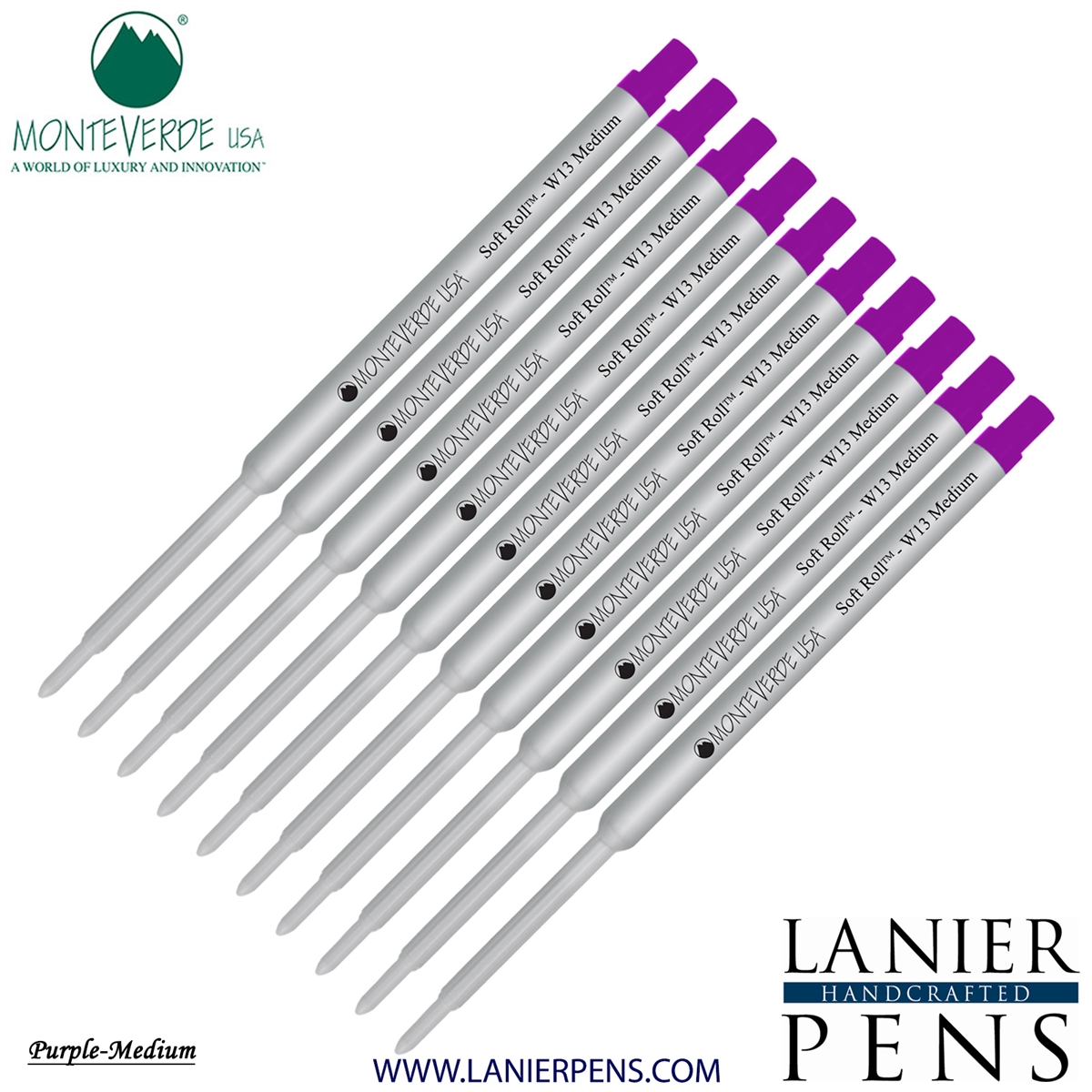 10 Pack - Monteverde Soft Roll Ballpoint W13 Paste Ink Refill Compatible with most Waterman Style Ballpoint Pens - Purple (Medium Tip 0.7mm) - Lanier Pens