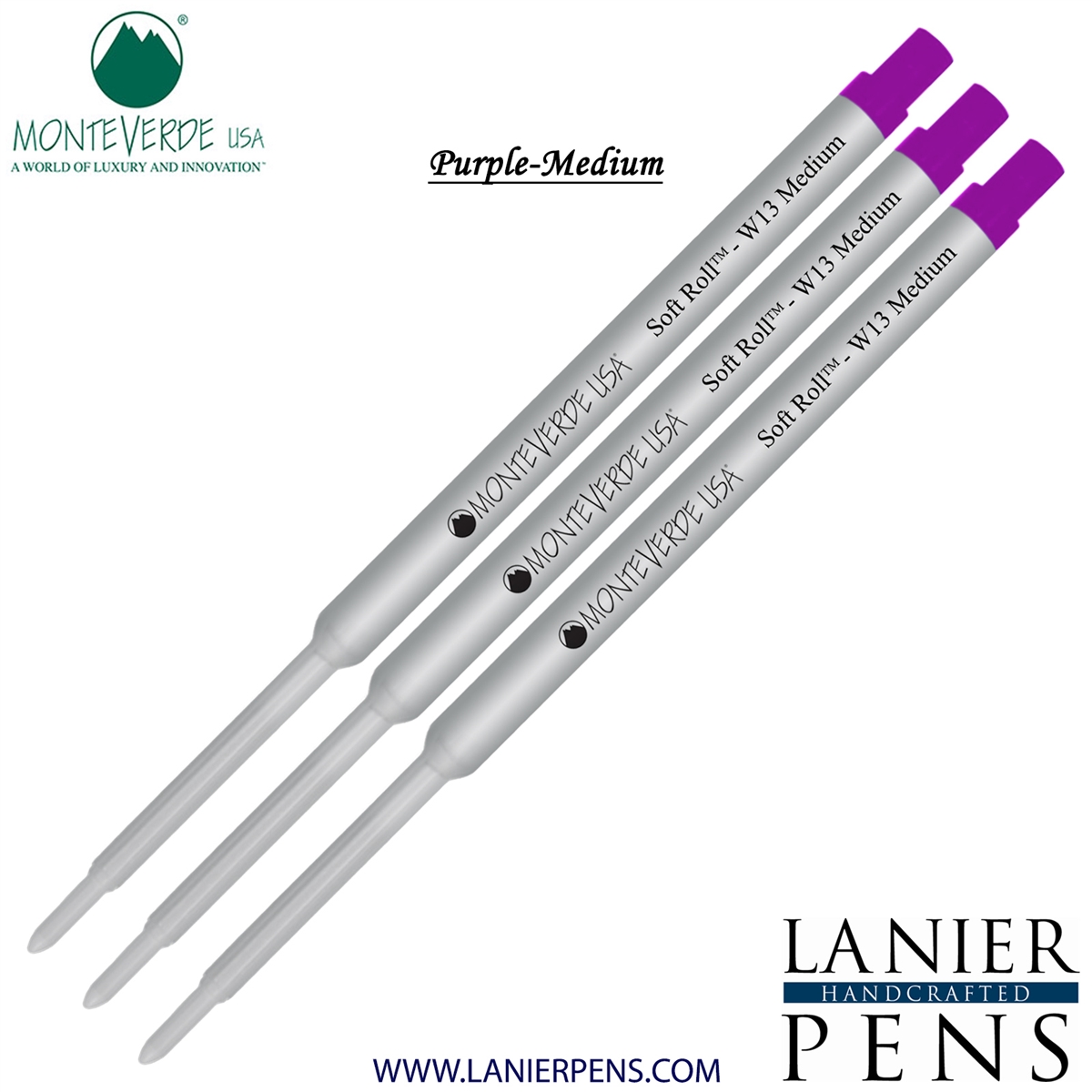 3 Pack - Monteverde Soft Roll Ballpoint W13 Paste Ink Refill Compatible with most Waterman Style Ballpoint Pens - Purple (Medium Tip 0.7mm) - Lanier Pens