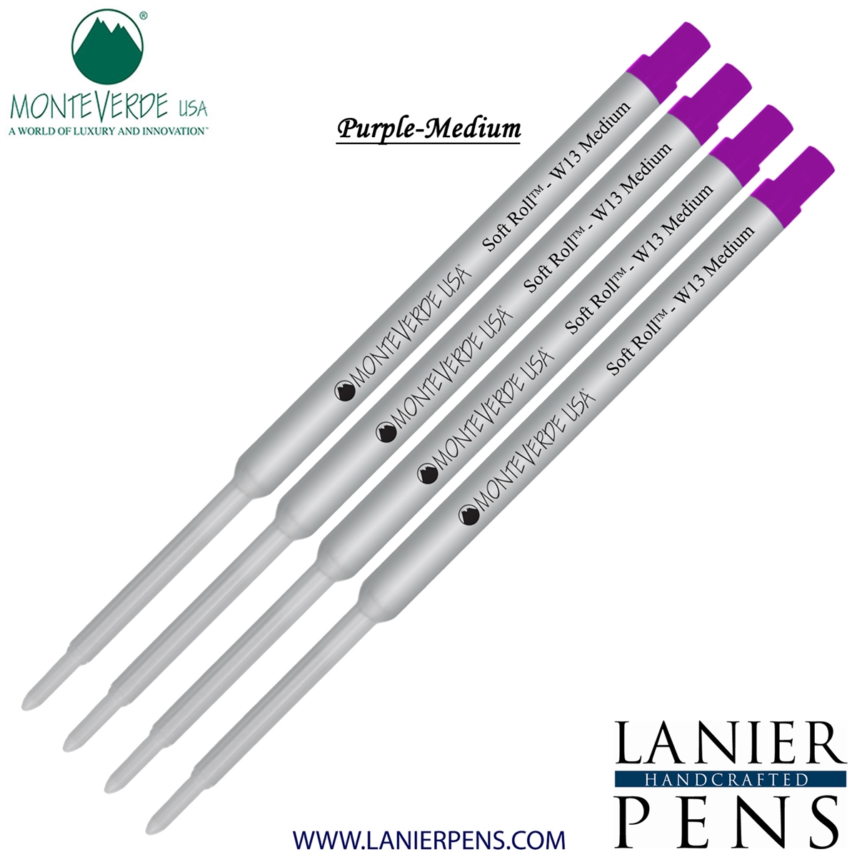 4 Pack - Monteverde Soft Roll Ballpoint W13 Paste Ink Refill Compatible with most Waterman Style Ballpoint Pens - Purple (Medium Tip 0.7mm) - Lanier Pens