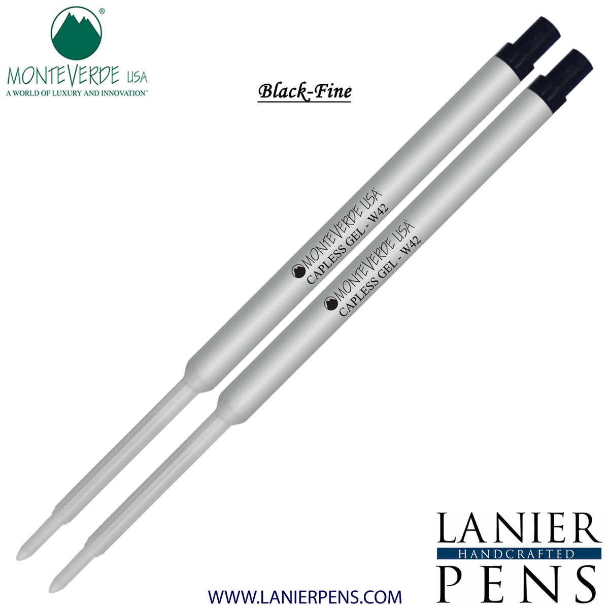 2 Pack - Monteverde Capless Ballpoint W42 Gel Ink Refill Compatible with most Waterman Style Ballpoint Pens - Black (Fine Tip 0.6mm) - Lanier Pens