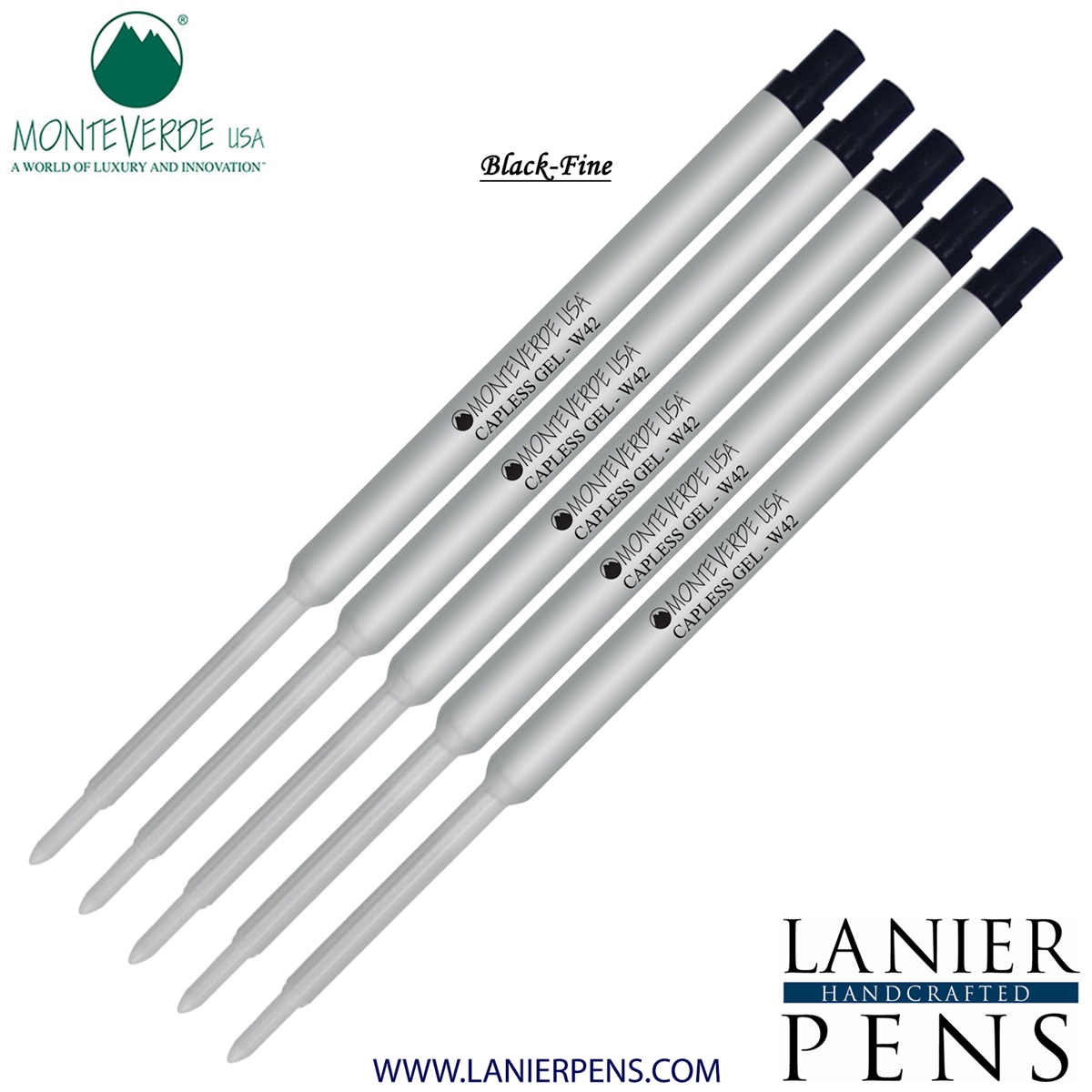 5 Pack - Monteverde Capless Ballpoint W42 Gel Ink Refill Compatible with most Waterman Style Ballpoint Pens - Black (Fine Tip 0.6mm) - Lanier Pens