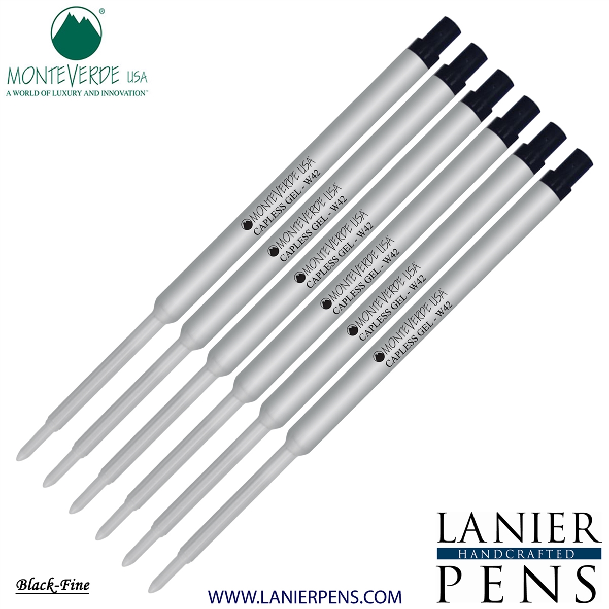 6 Pack - Monteverde Capless Ballpoint W42 Gel Ink Refill Compatible with most Waterman Style Ballpoint Pens - Black (Fine Tip 0.6mm) - Lanier Pens