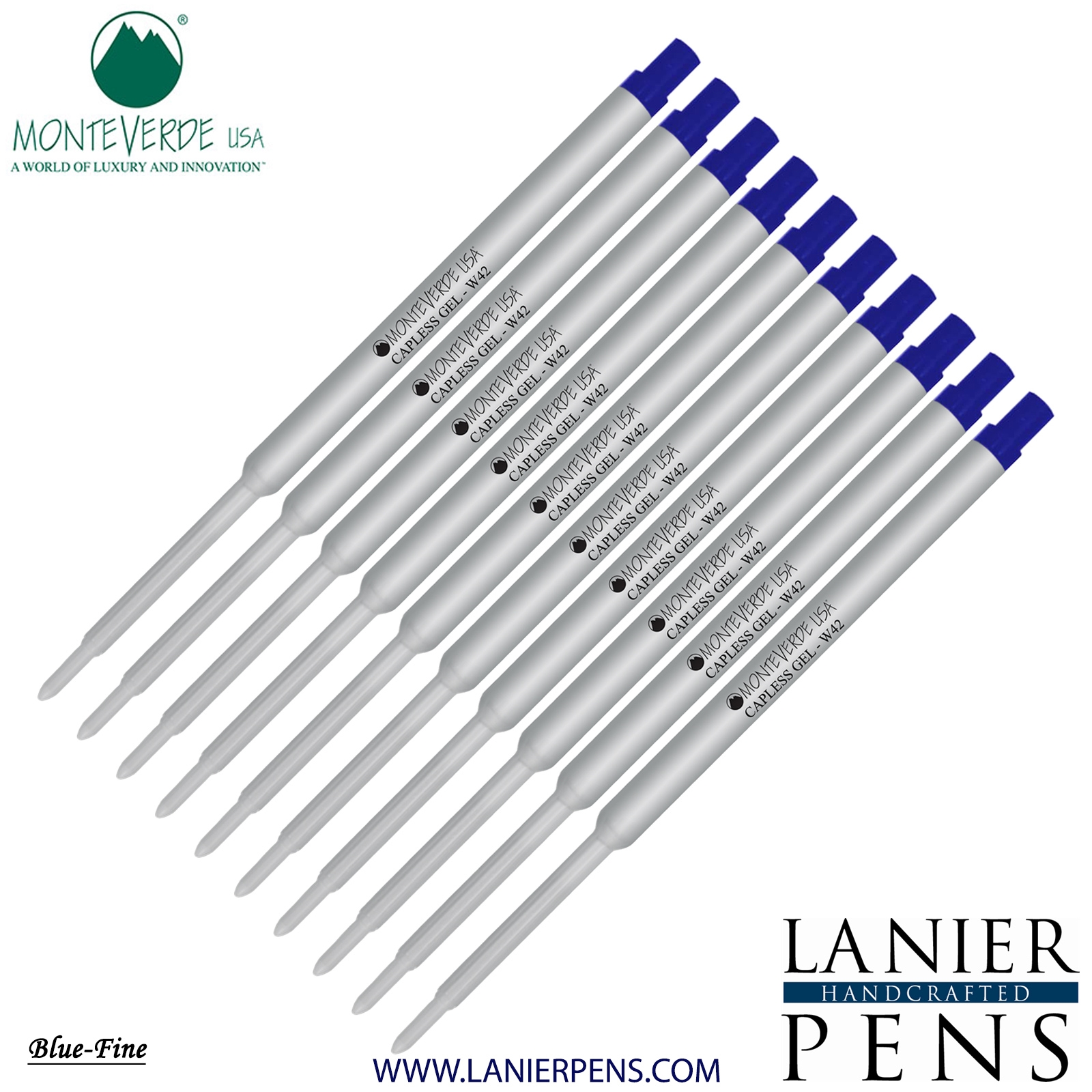 10 Pack - Monteverde Capless Ballpoint W42 Gel Ink Refill Compatible with most Waterman Style Ballpoint Pens - Blue (Fine Tip 0.6mm) - Lanier Pens