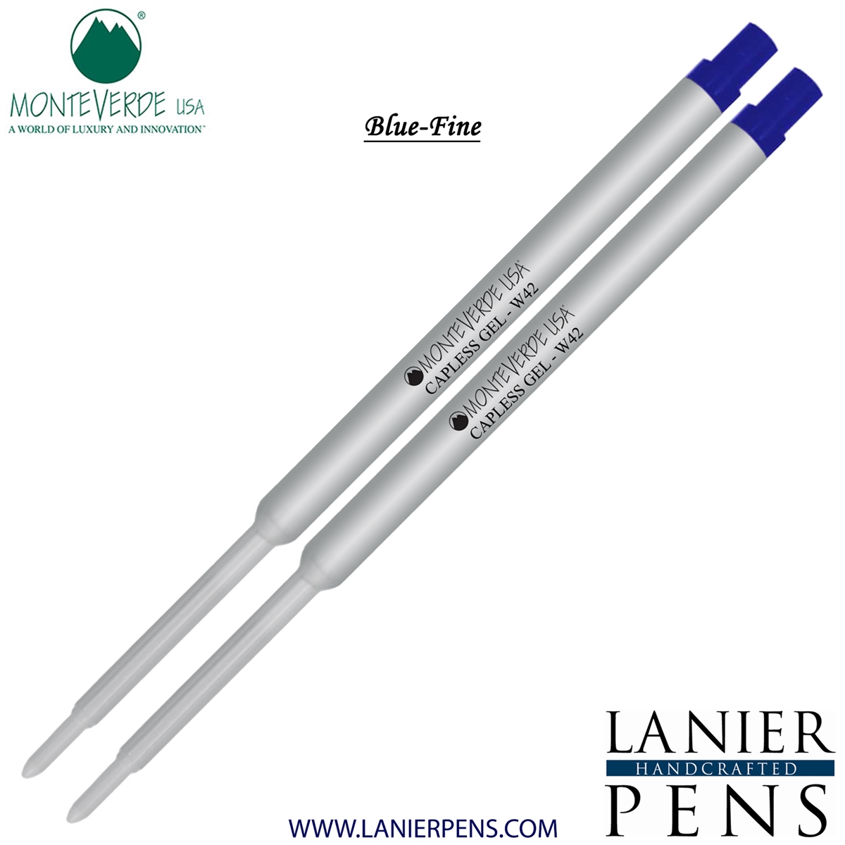 2 Pack - Monteverde Capless Ballpoint W42 Gel Ink Refill Compatible with most Waterman Style Ballpoint Pens - Blue (Fine Tip 0.6mm) - Lanier Pens