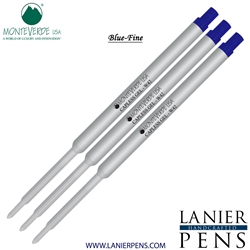 3 Pack - Monteverde Capless Ballpoint W42 Gel Ink Refill Compatible with most Waterman Style Ballpoint Pens - Blue (Fine Tip 0.6mm) - Lanier Pens