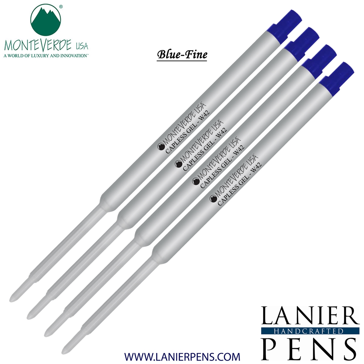 4 Pack - Monteverde Capless Ballpoint W42 Gel Ink Refill Compatible with most Waterman Style Ballpoint Pens - Blue (Fine Tip 0.6mm) - Lanier Pens