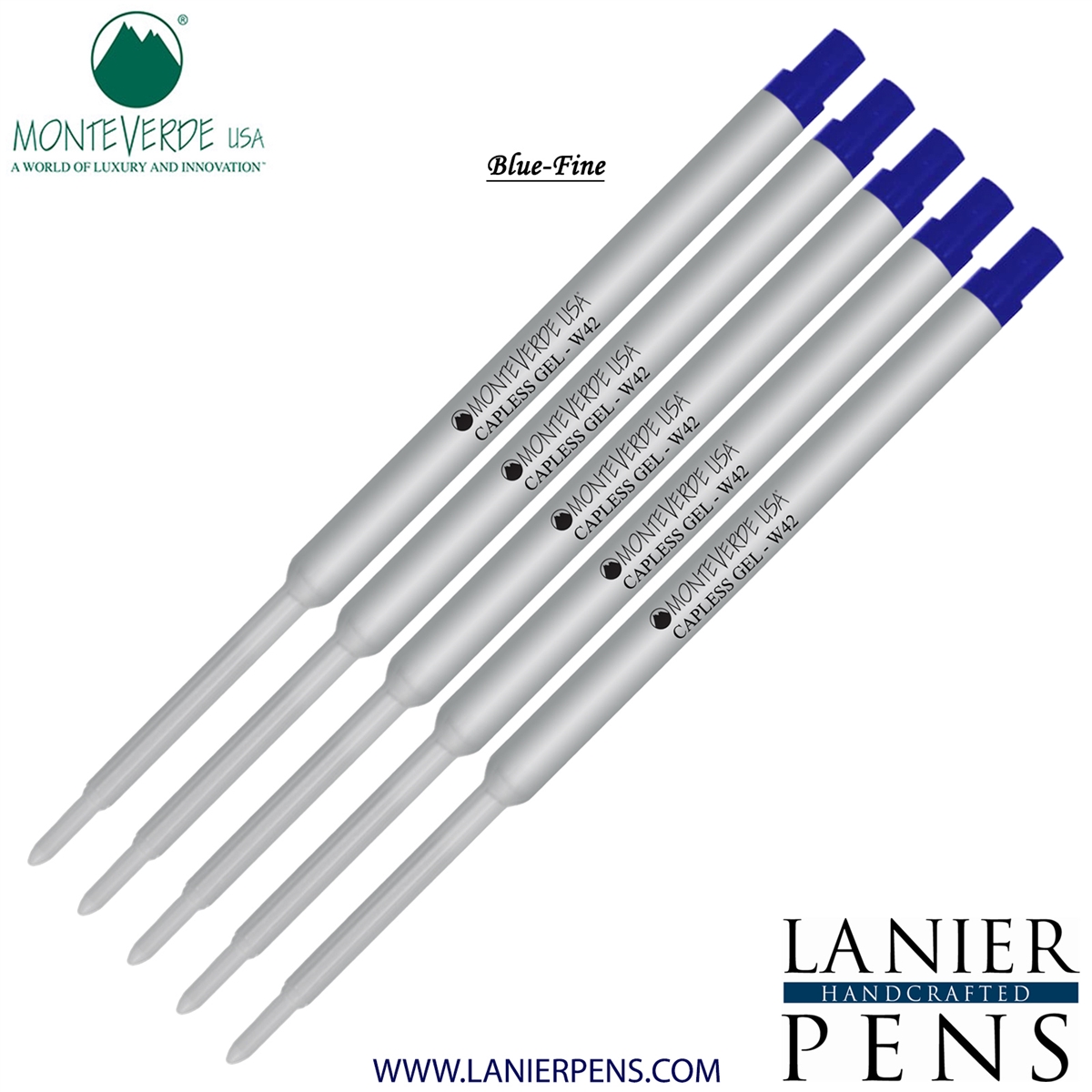 5 Pack - Monteverde Capless Ballpoint W42 Gel Ink Refill Compatible with most Waterman Style Ballpoint Pens - Blue (Fine Tip 0.6mm) - Lanier Pens