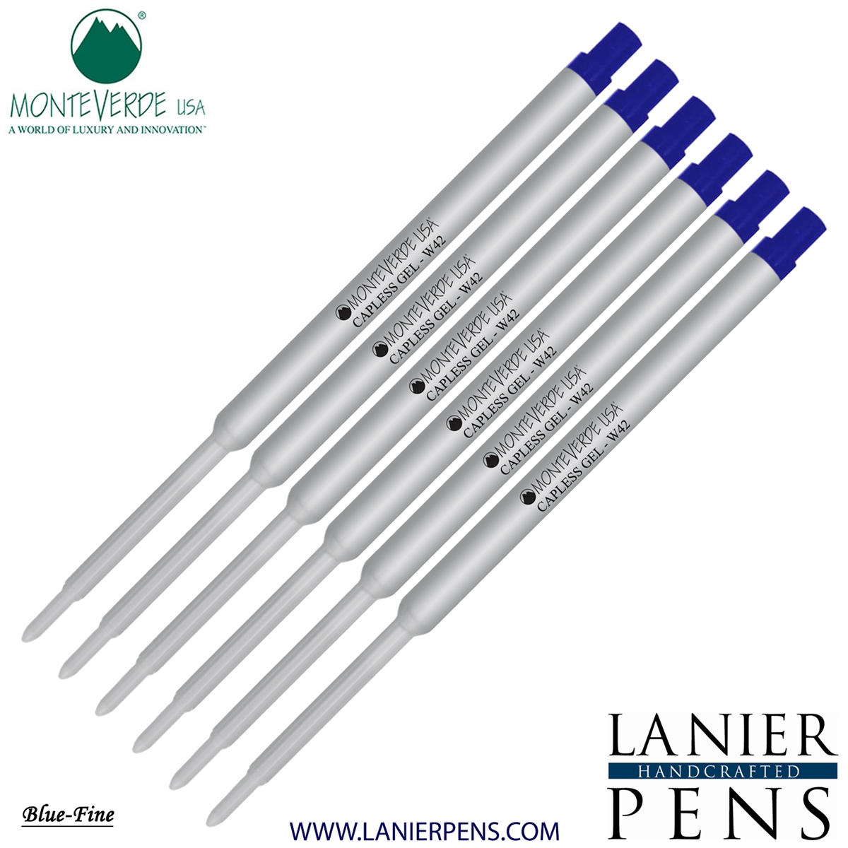 6 Pack - Monteverde Capless Ballpoint W42 Gel Ink Refill Compatible with most Waterman Style Ballpoint Pens - Blue (Fine Tip 0.6mm) - Lanier Pens