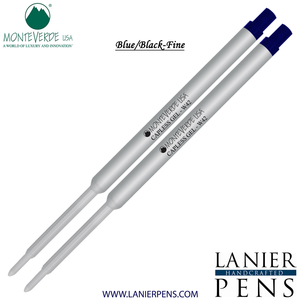 2 Pack - Monteverde Capless Ballpoint W42 Gel Ink Refill Compatible with most Waterman Style Ballpoint Pens - BlueBlack (Fine Tip 0.6mm) - Lanier Pens