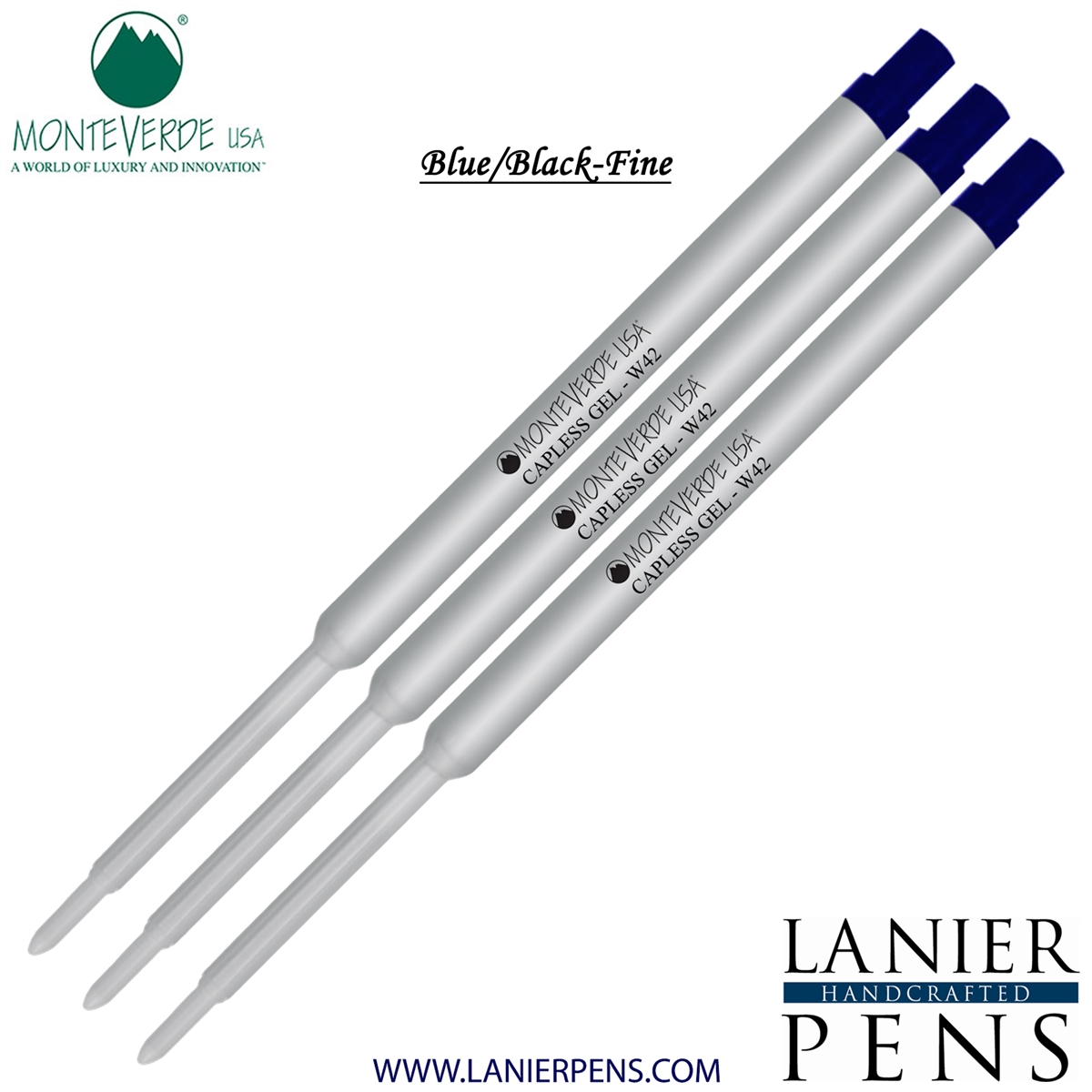 3 Pack - Monteverde Capless Ballpoint W42 Gel Ink Refill Compatible with most Waterman Style Ballpoint Pens - BlueBlack (Fine Tip 0.6mm) - Lanier Pens