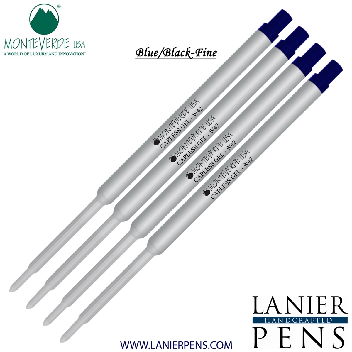 4 Pack - Monteverde Capless Ballpoint W42 Gel Ink Refill Compatible with most Waterman Style Ballpoint Pens - BlueBlack (Fine Tip 0.6mm) - Lanier Pens