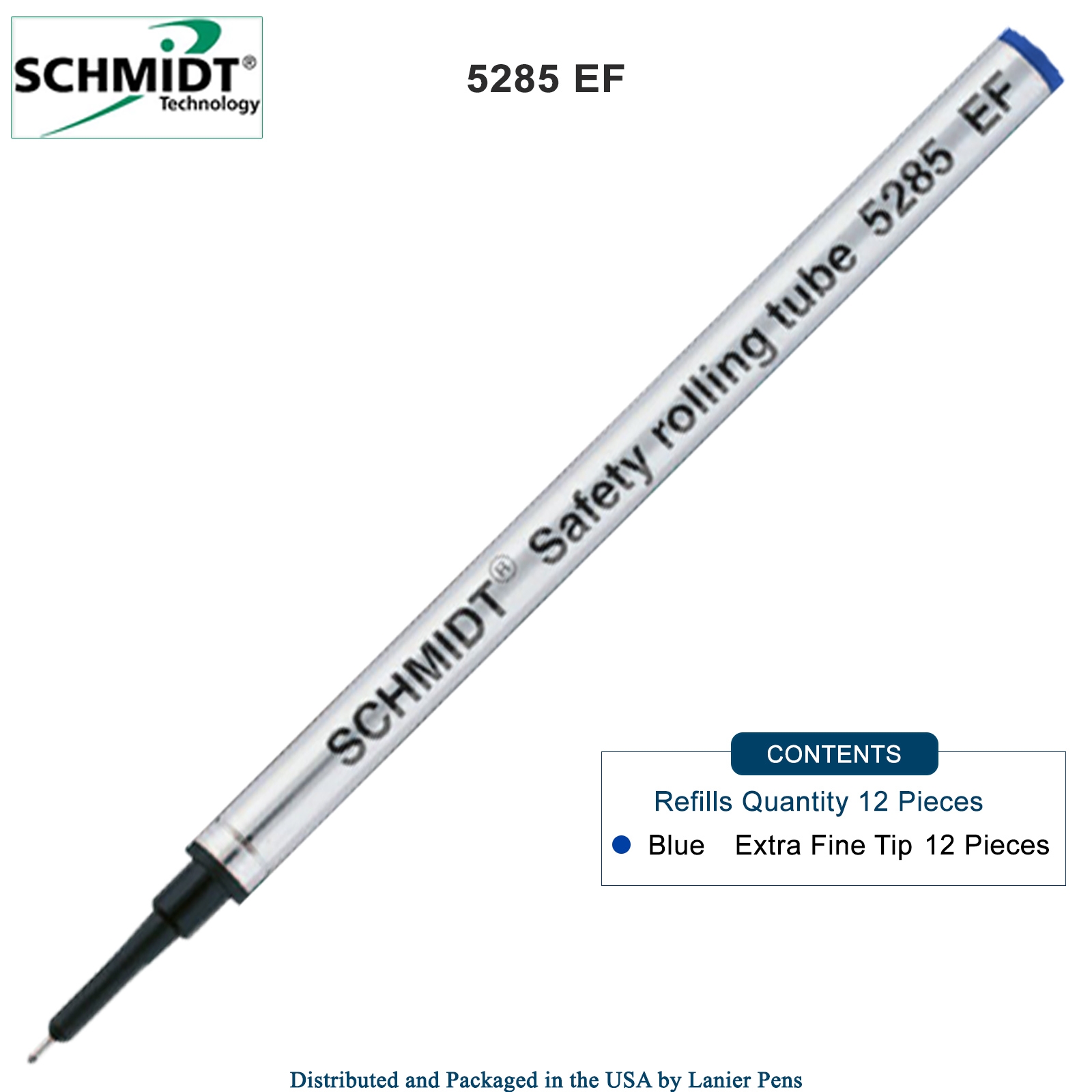 12 Pack - Schmidt 5285 Extra Fine Rollerball Metal Refill - Blue Ink