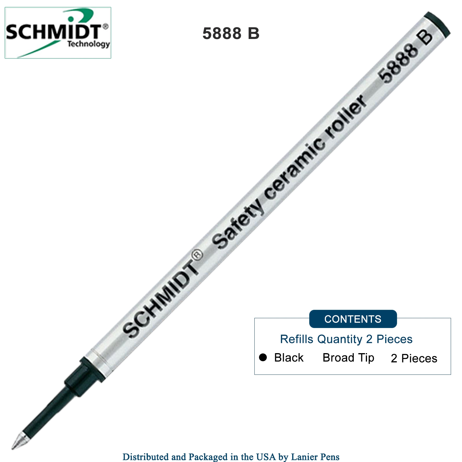 2 Pack - Schmidt 5888 Rollerball Metal Refill - Black Ink Broad