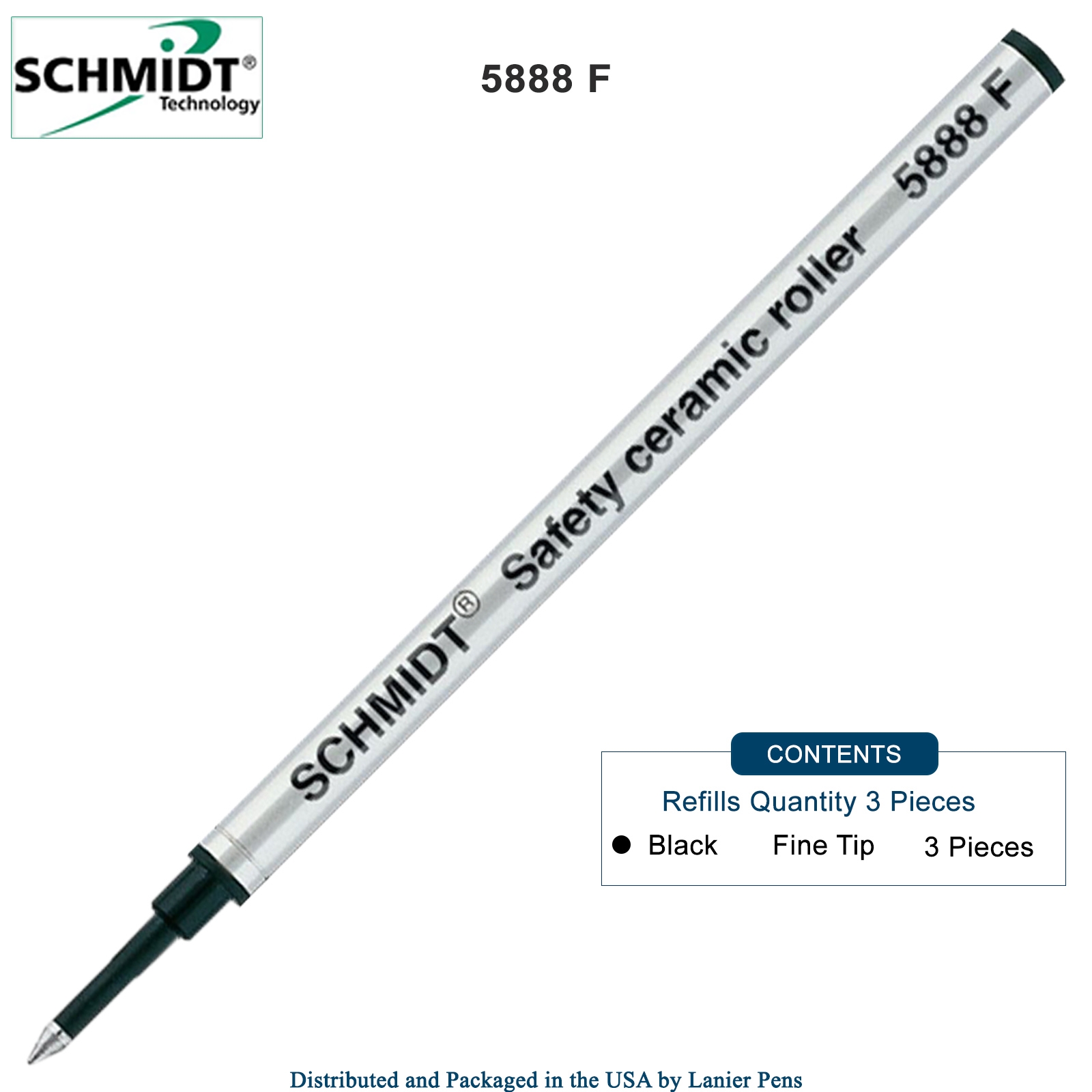 3 Pack - Schmidt 5888 Rollerball Metal Refill - Black Ink Fine