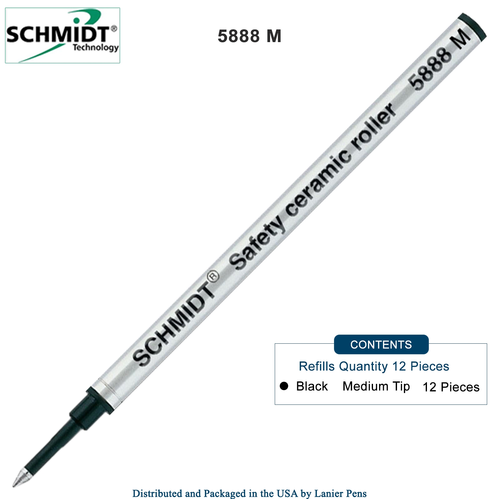 12 Pack - Schmidt 5888 Rollerball Metal Refill - Black Ink Medium