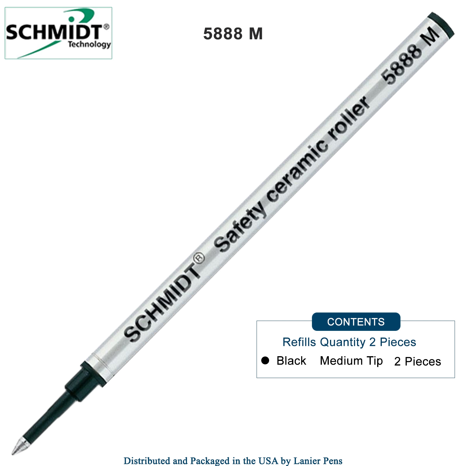 2 Pack - Schmidt 5888 Rollerball Metal Refill - Black Ink Medium