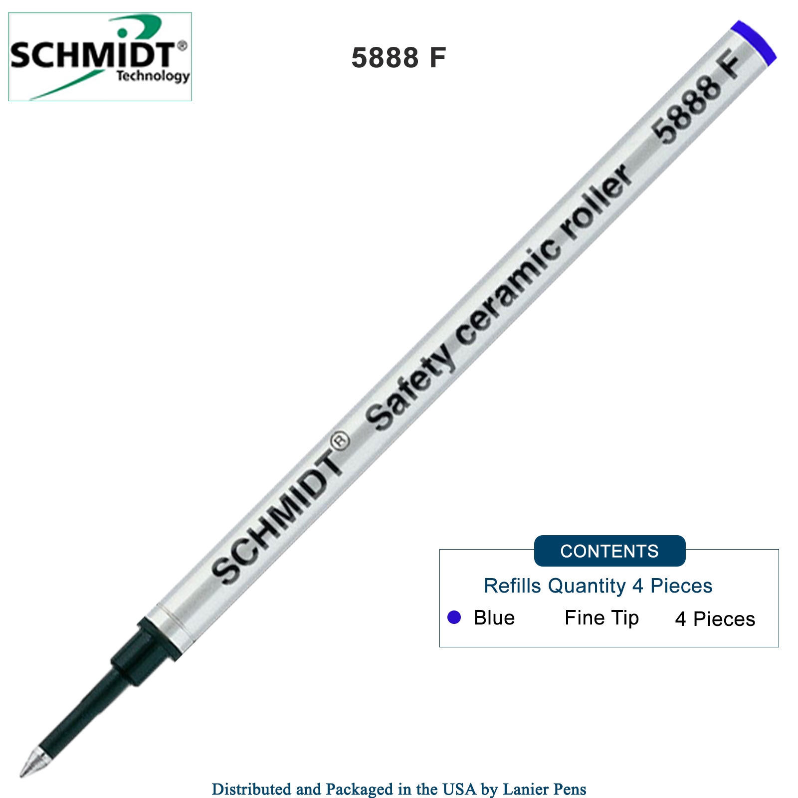 4 Pack - Schmidt 5888 Rollerball Metal Refill - Blue Ink Fine