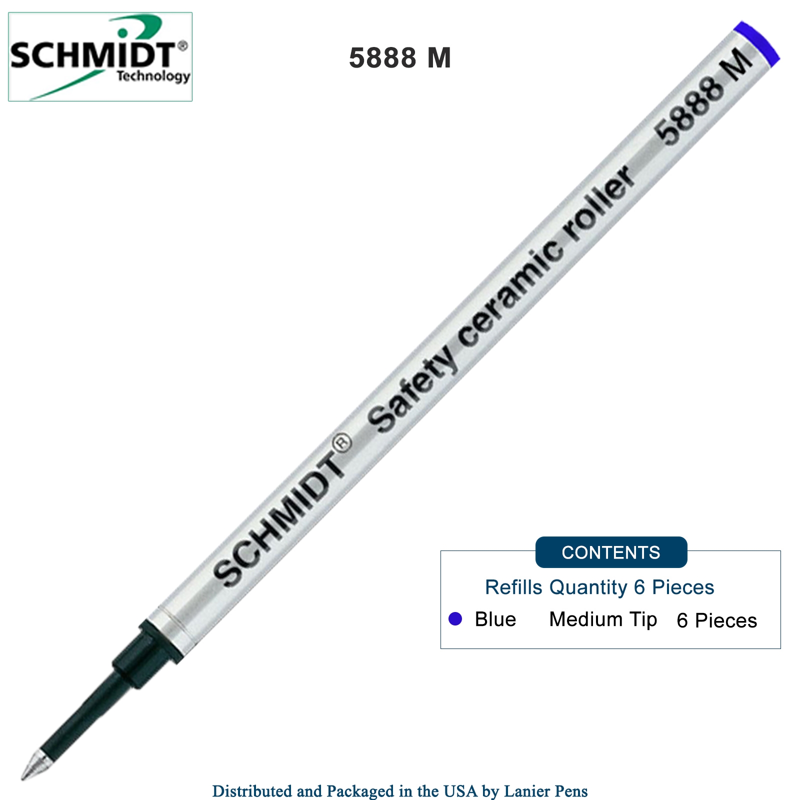 6 Pack - Schmidt 5888 Rollerball Metal Refill - Blue Ink Medium