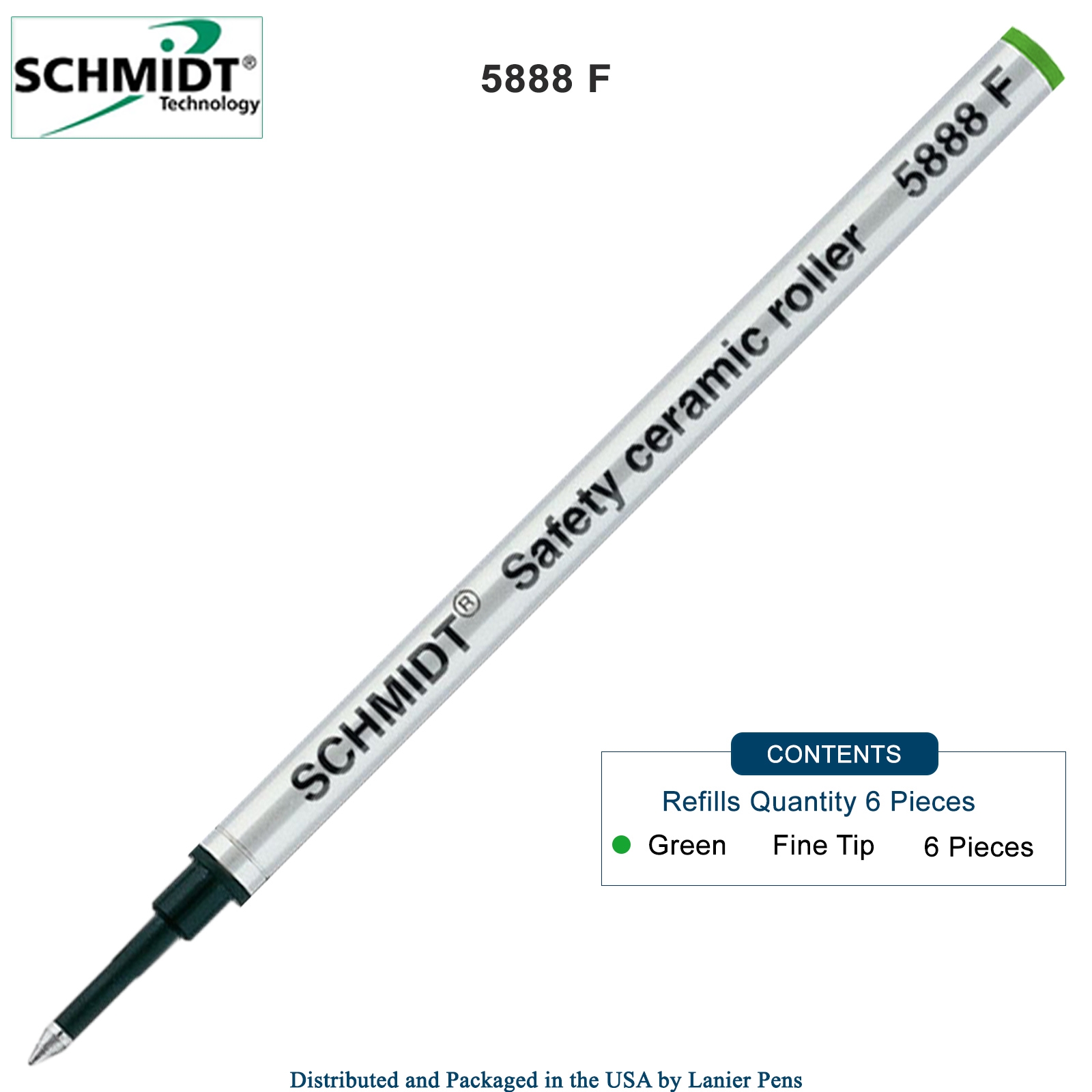 6 Pack - Schmidt 5888 Rollerball Metal Refill - Green Ink Fine