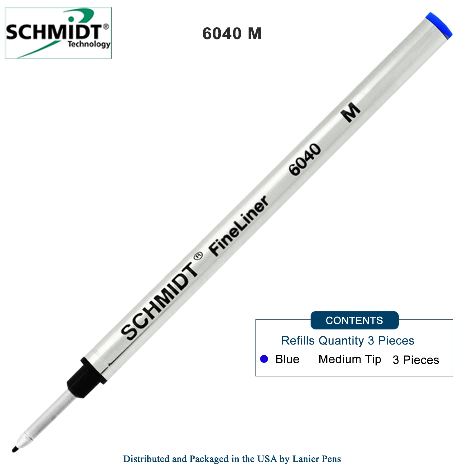 3 Pack - Schmidt 6040 FineLiner Fiber Tip Metal Refill - Blue Ink