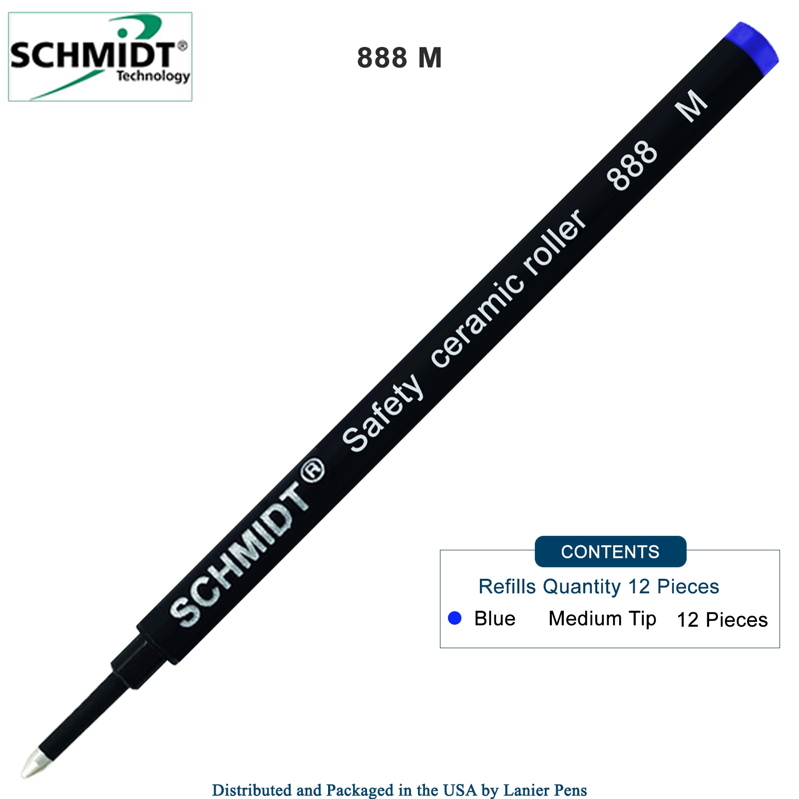 12 Pack - Schmidt 888 Rollerball Refill Blue Medium Tip