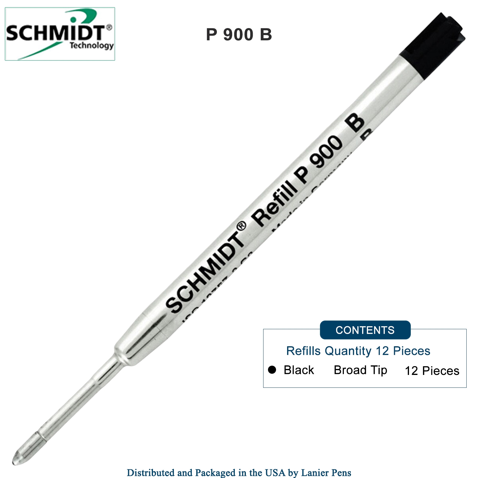 12 Pack - Schmidt P900 Black Broad Nib Parker Style Ballpoint Refill