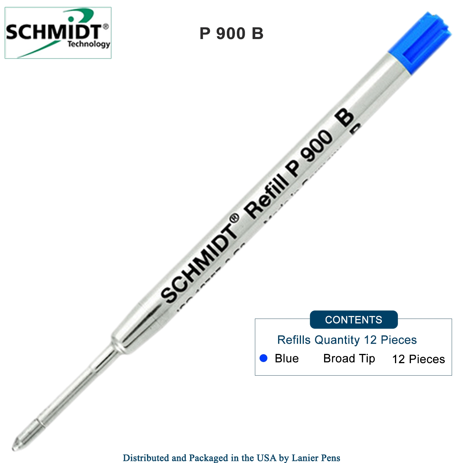 12 Pack - Schmidt P900 Blue Broad Nib Parker Style Ballpoint Refill
