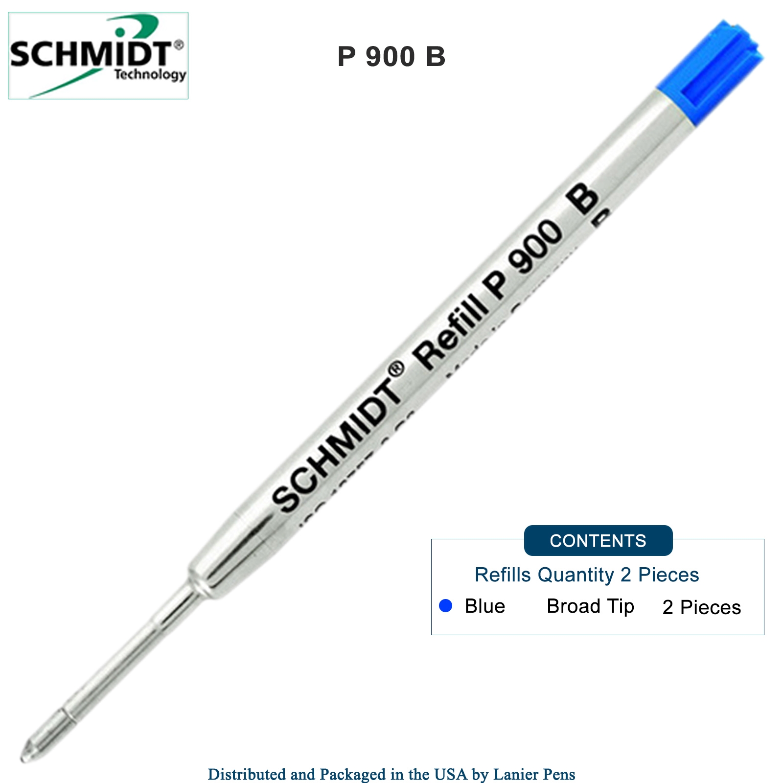 2 Pack - Schmidt P900 Blue Broad Nib Parker Style Ballpoint Refill