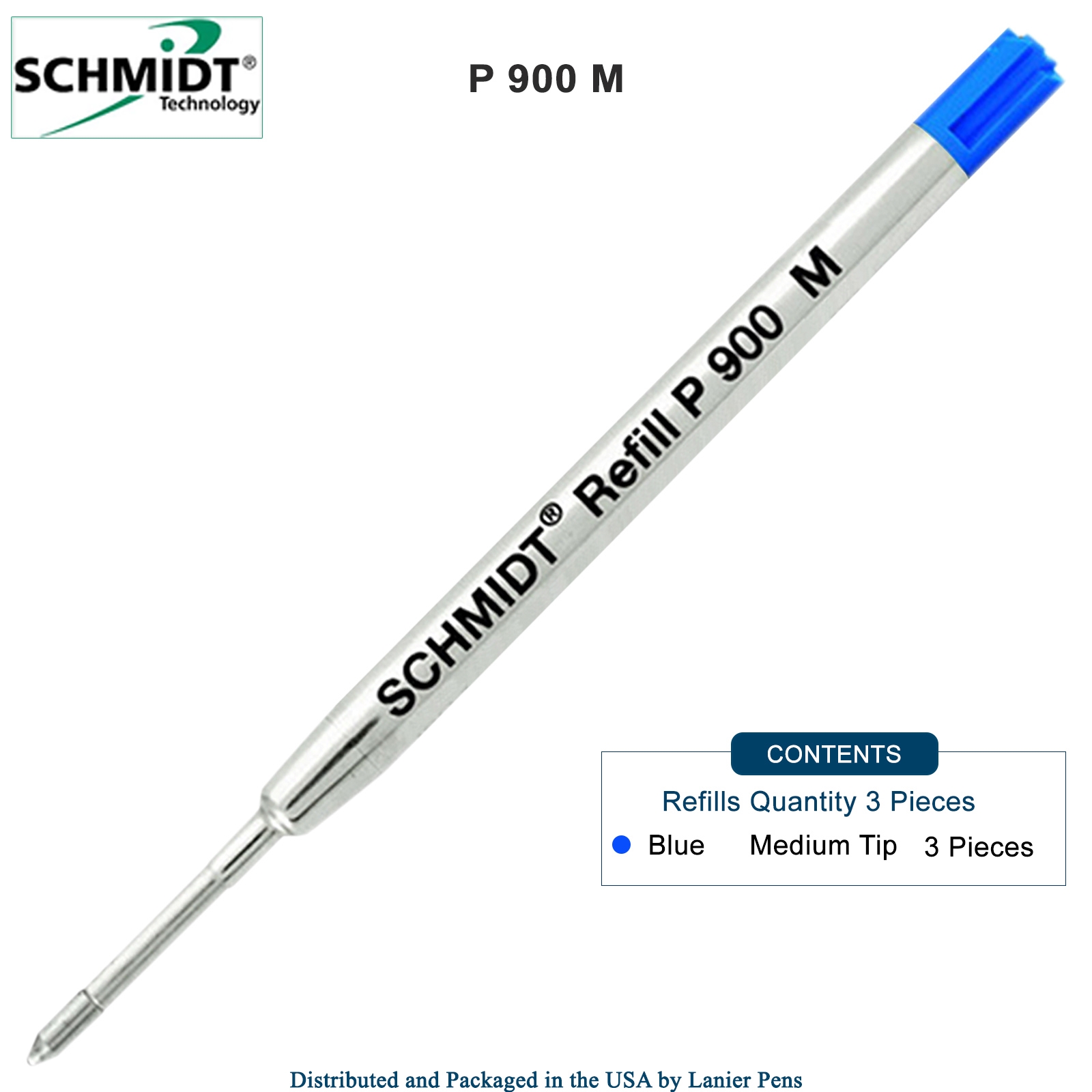 3 Pack - Schmidt P900 Blue Medium Nib Parker Style Ballpoint Refill