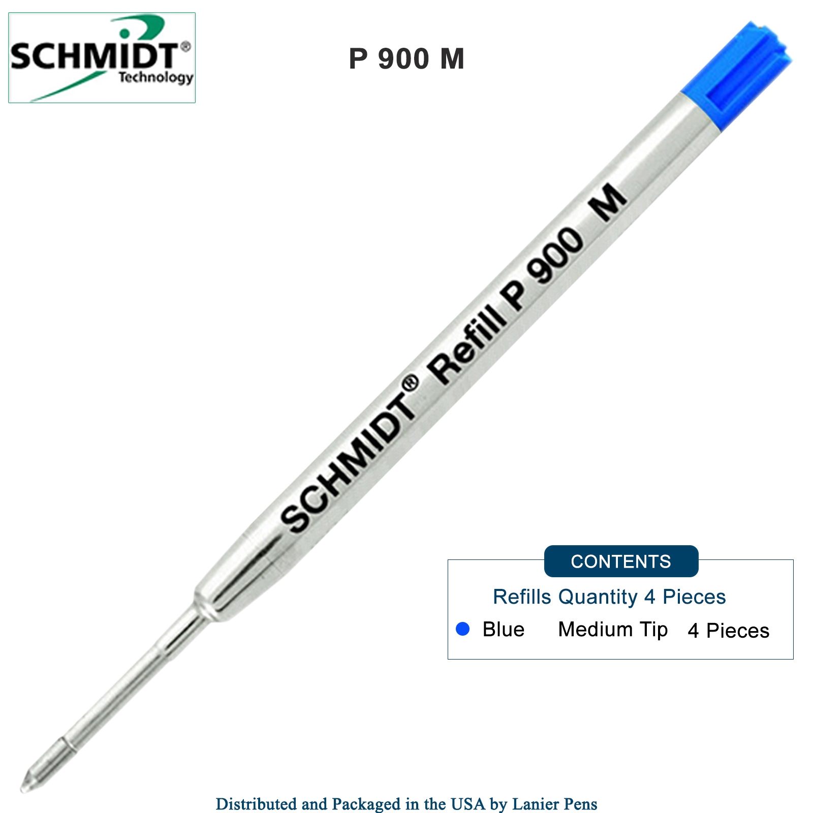 4 Pack - Schmidt P900 Blue Medium Nib Parker Style Ballpoint Refill