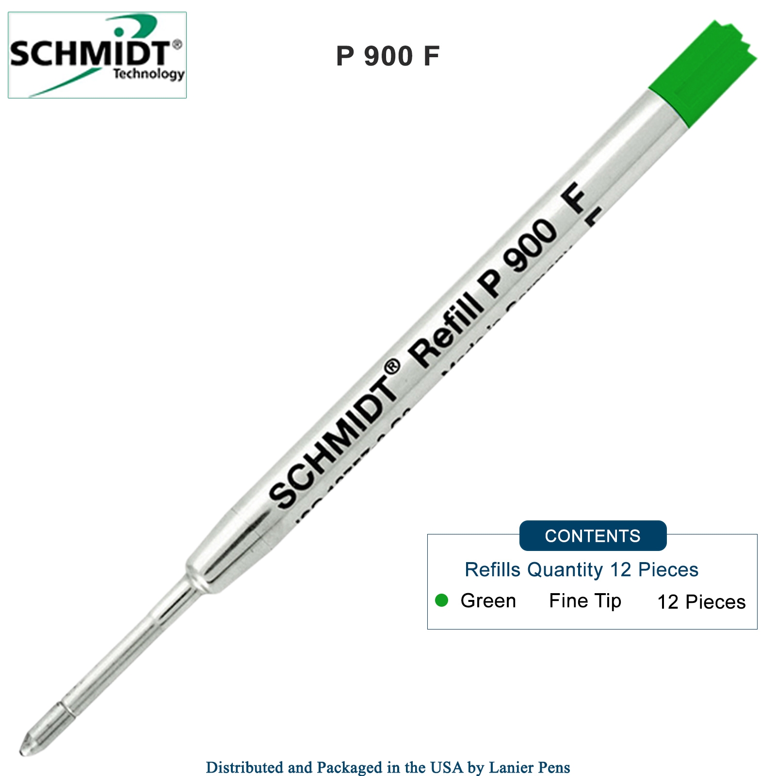 12 Pack - Schmidt P900 Green Fine Nib Parker Style Ballpoint Refill